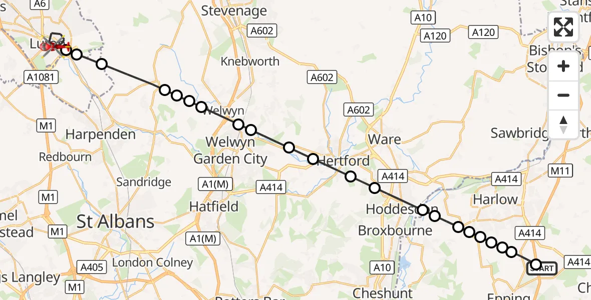 Flight route Air Ambulance Helicopter North Weald Airfield - Luton, 05 September 2026, 16:16