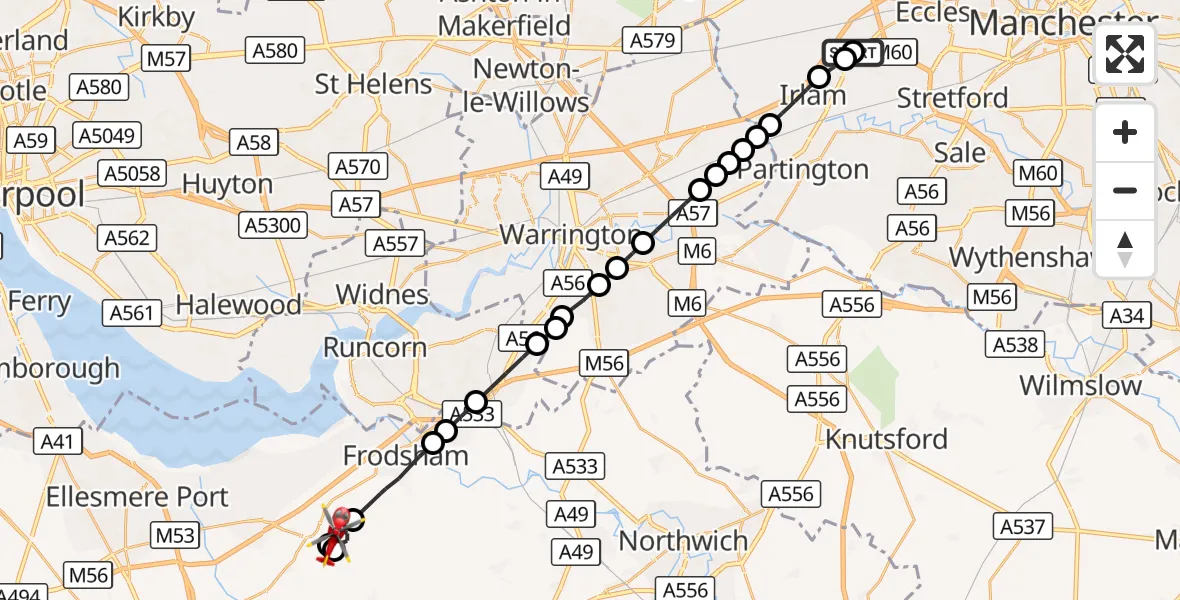 Flight route Air Ambulance Helicopter Manchester Barton Aerodrome - Helsby, 05 September 2026, 16:29