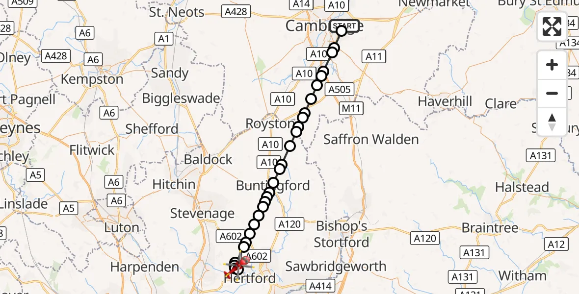 Flight route Air Ambulance Helicopter Cambridge City Airport - Hertford, 05 September 2026, 16:31