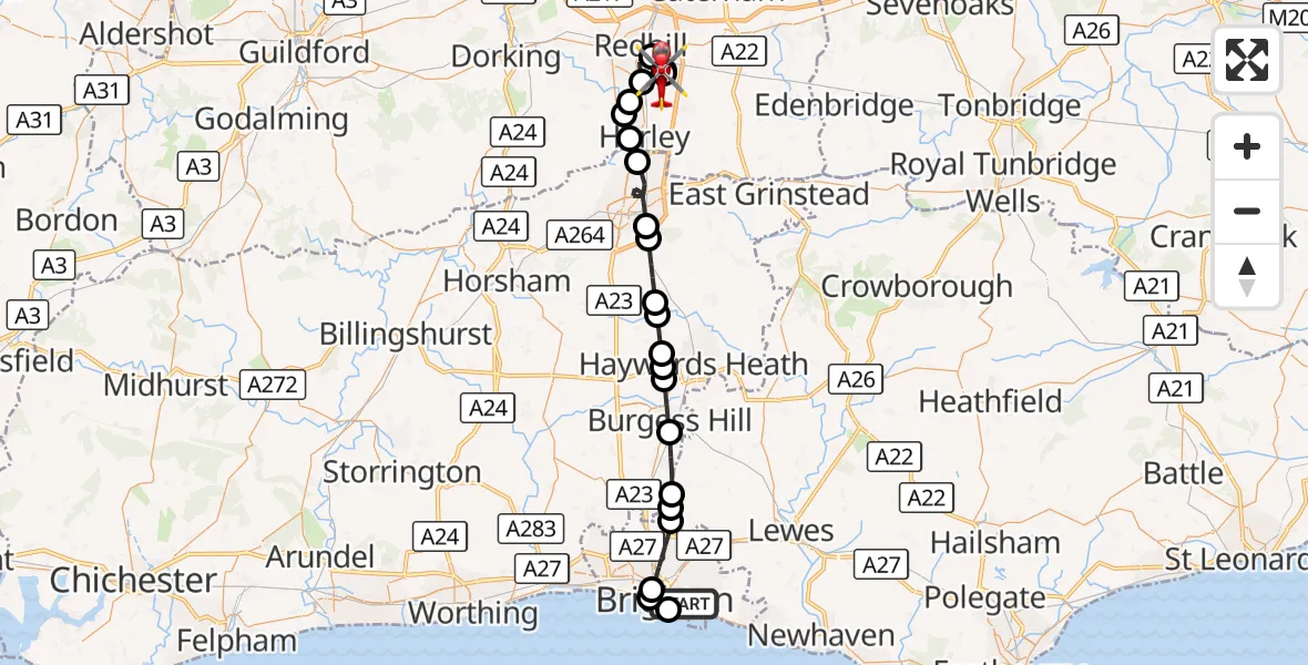 Flight route Air Ambulance Helicopter Brighton - Redhill Aerodrome, 05 September 2026, 16:42