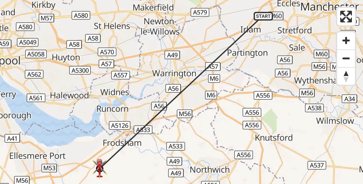 Flight route Air Ambulance Helicopter Manchester Barton Aerodrome - Helsby, 05 September 2026, 16:44