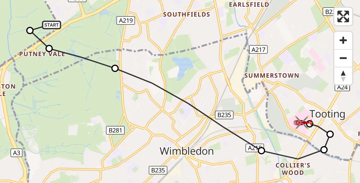Flight route Air Ambulance Helicopter Putney Vale - St Georges Hospital, 05 September 2026, 16:51