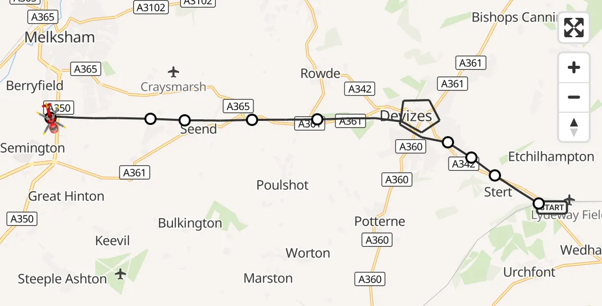 Flight route Air Ambulance Helicopter Etchilhampton - Wiltshire Air Ambulance, 05 September 2026, 16:56