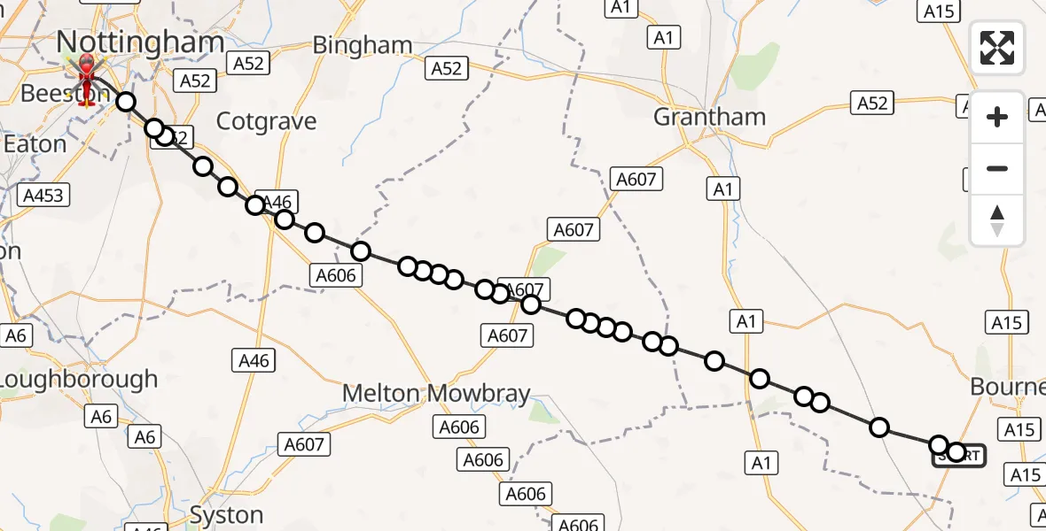 Flight route Air Ambulance Helicopter Manthorpe - City of Nottingham, 05 September 2026, 17:03