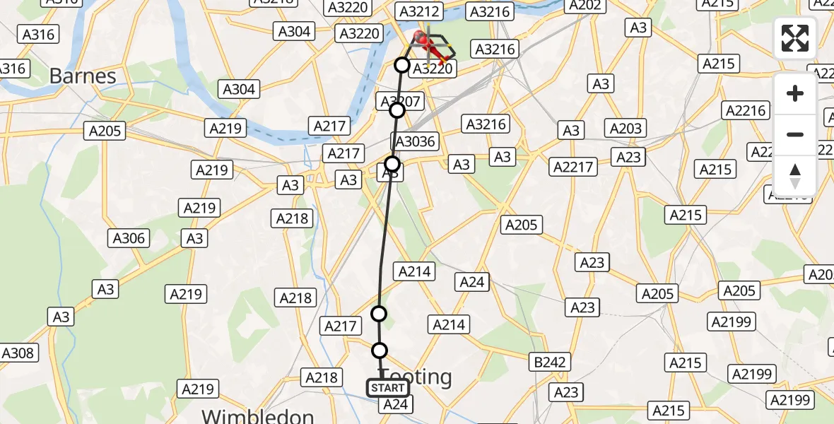 Flight route Air Ambulance Helicopter St Georges Hospital - Battersea, 05 September 2026, 17:19
