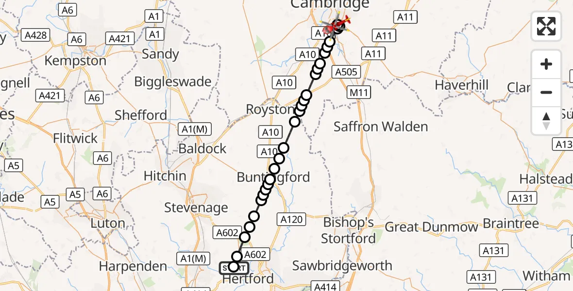Flight route Air Ambulance Helicopter Waterford - Papworth Hospital, 05 September 2026, 17:19