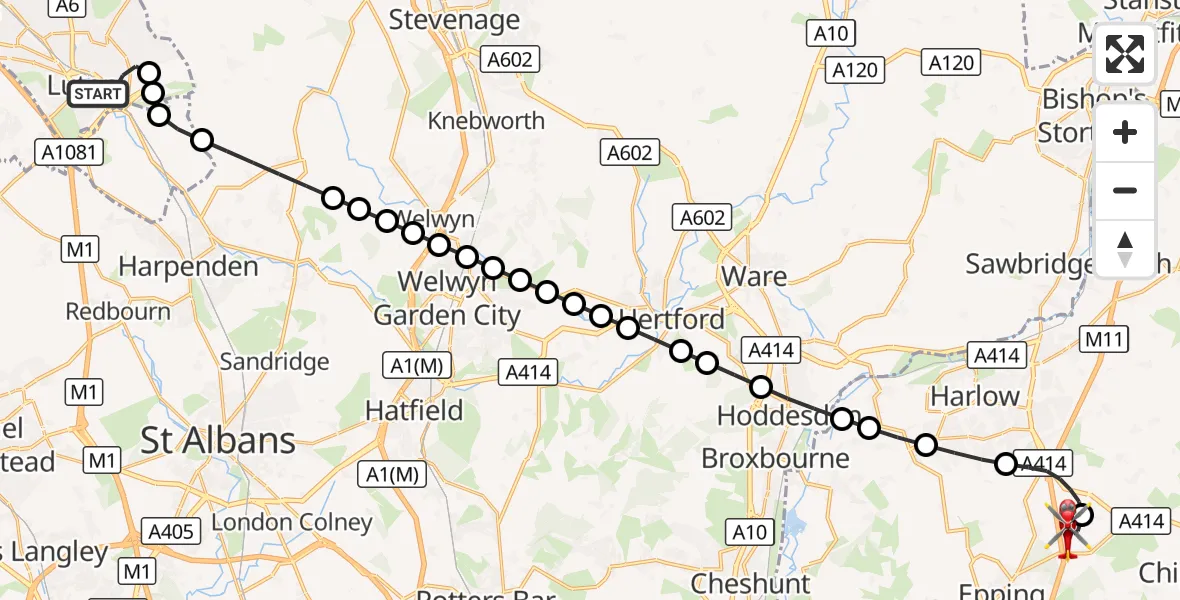 Flight route Air Ambulance Helicopter Luton - North Weald Airfield, 05 September 2026, 17:29