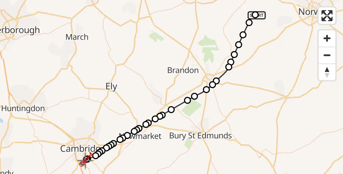 Flight route Air Ambulance Helicopter Thuxton - Papworth Hospital, 05 September 2026, 17:30