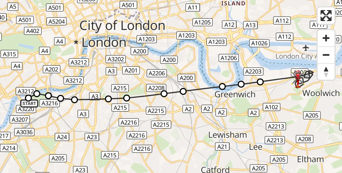 Flight route Air Ambulance Helicopter Battersea - Charlton Riverside, 05 September 2026, 17:33