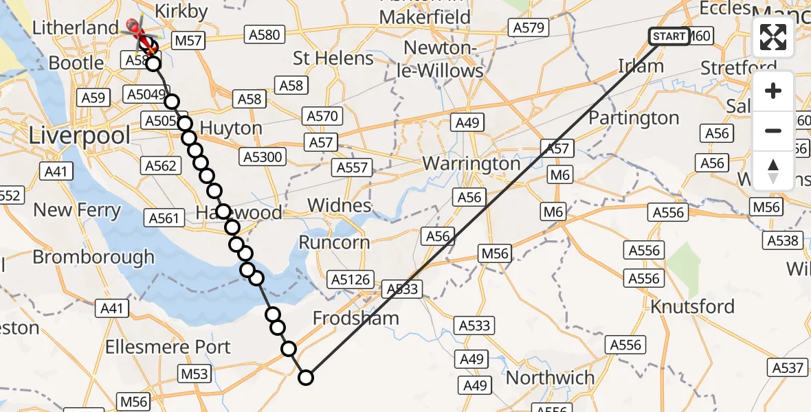 Flight route Air Ambulance Helicopter Manchester Barton Aerodrome - Aintree University Hospital Heliport, 05 September 2026, 17:40