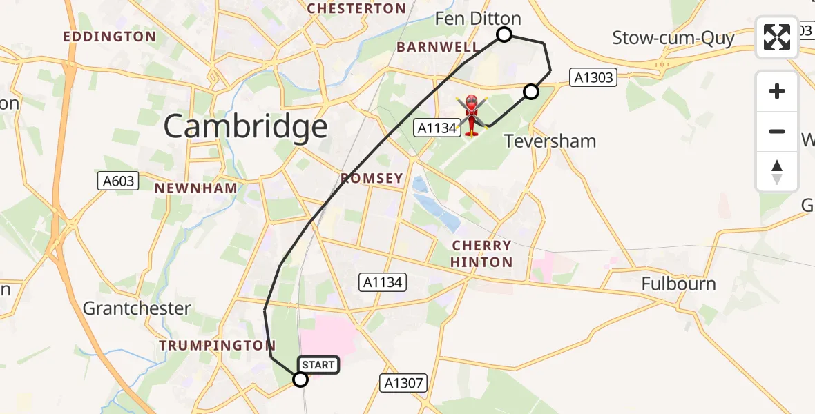 Flight route Air Ambulance Helicopter Papworth Hospital - Cambridge City Airport, 05 September 2026, 17:43