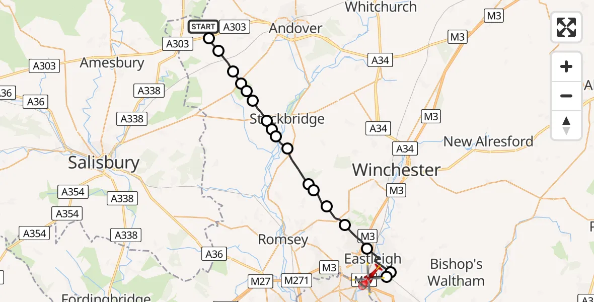 Flight route Air Ambulance Helicopter Shipton Bellinger - Southampton Airport, 05 September 2026, 17:45