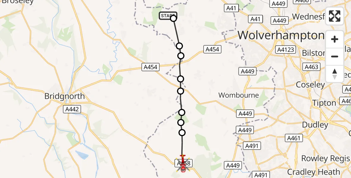 Flight route Air Ambulance Helicopter Pattingham - Enville, 05 September 2026, 17:49