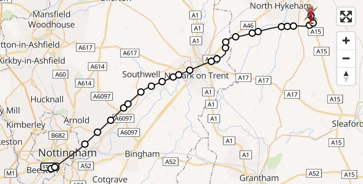 Flight route Air Ambulance Helicopter City of Nottingham - North Kesteven, 05 September 2026, 18:04