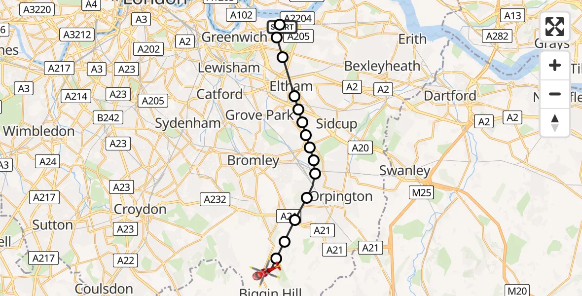 Flight route Air Ambulance Helicopter Charlton Riverside - London Biggin Hill Airport, 05 September 2026, 18:07