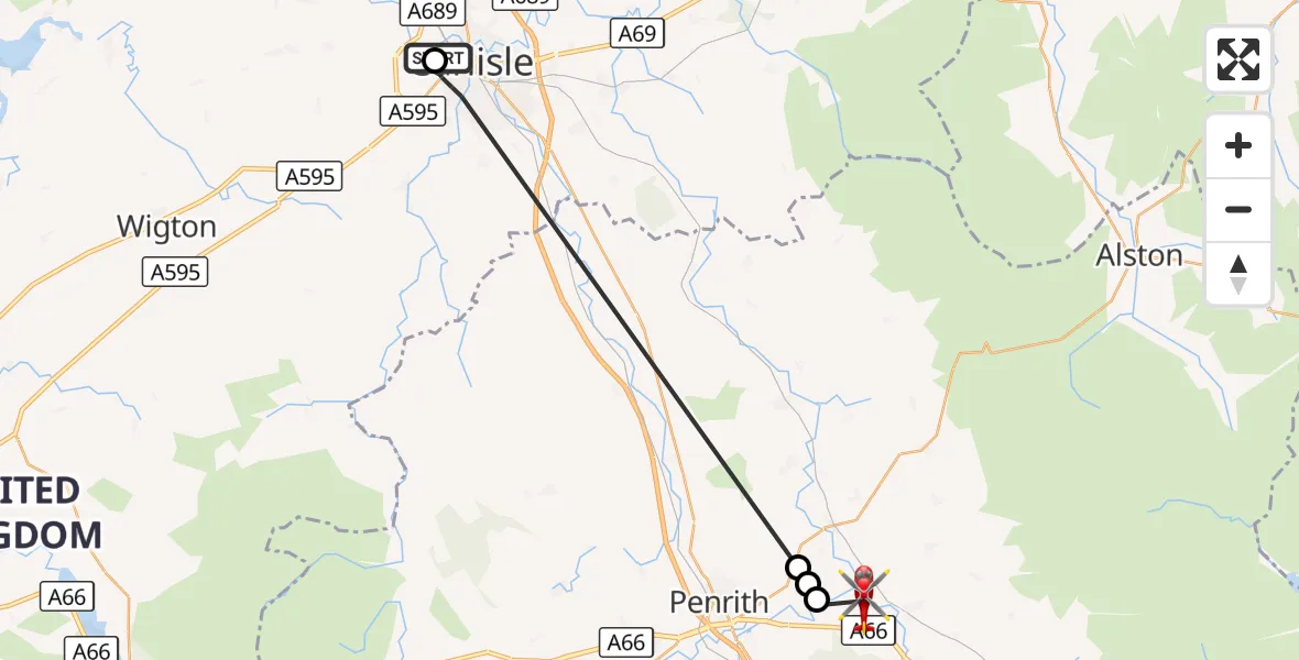 Flight route Air Ambulance Helicopter Carlisle General - Brougham, 05 September 2026, 18:33