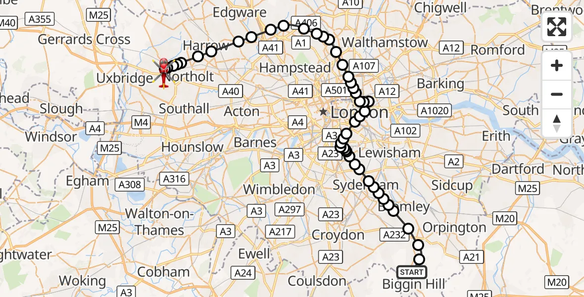 Flight route Air Ambulance Helicopter London Biggin Hill Airport - RAF Northolt, 05 September 2026, 18:33