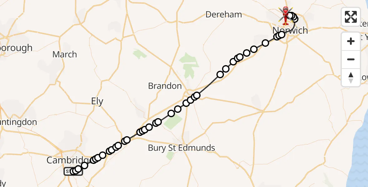 Flight route Air Ambulance Helicopter Papworth Hospital - Norwich Airport, 05 September 2026, 19:10