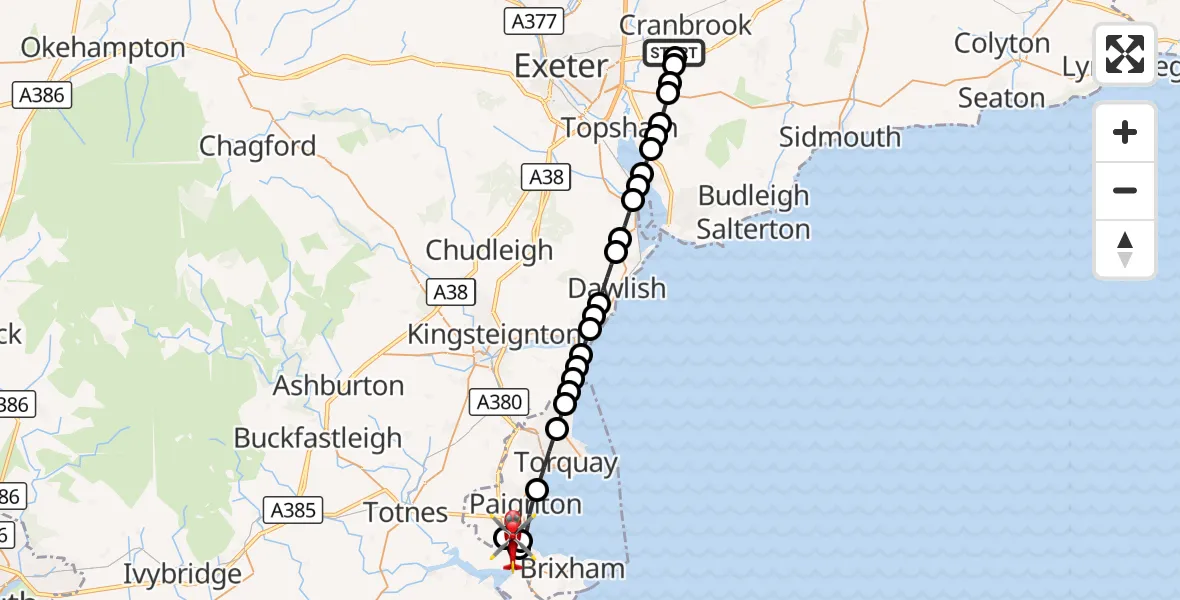 Flight route Air Ambulance Helicopter Exeter International Airport - Galmpton, 05 September 2026, 19:11