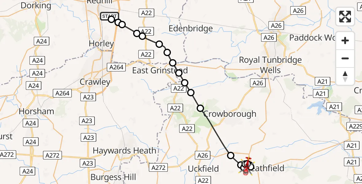 Flight route Air Ambulance Helicopter Redhill Aerodrome - Roser's Cross, 05 September 2026, 19:19