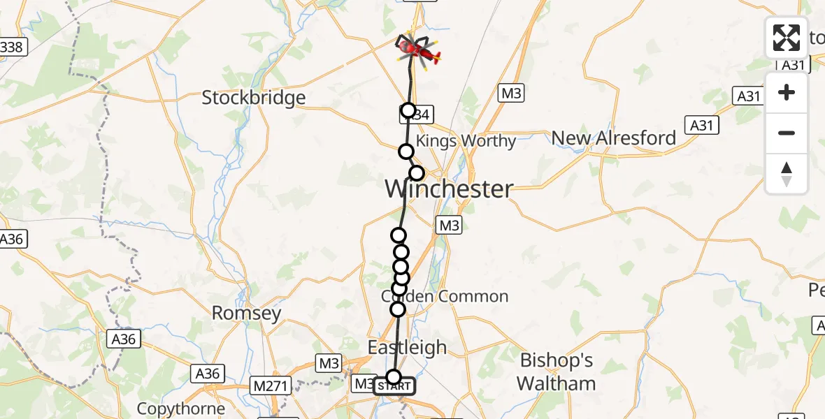Flight route Air Ambulance Helicopter Southampton Airport - Sutton Scotney, 05 September 2026, 19:32