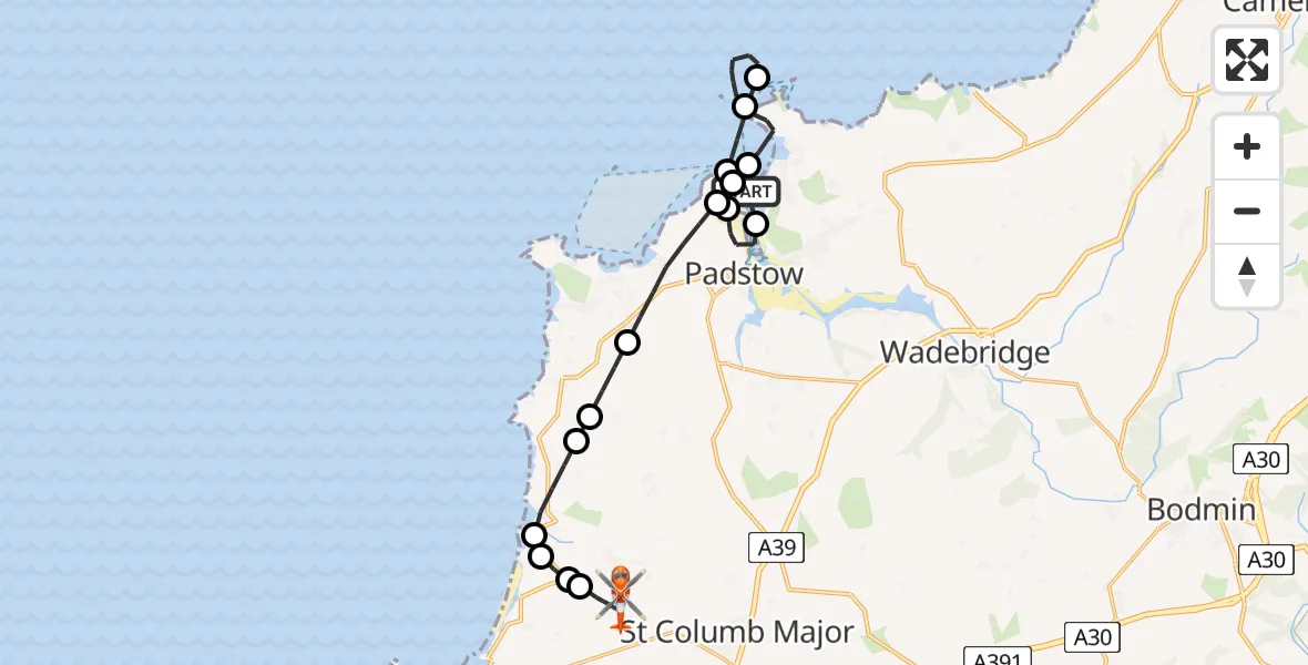 Flight route Coastguard Helicopter Trebetherick - Cornwall Airport Newquay, 05 September 2026, 20:02