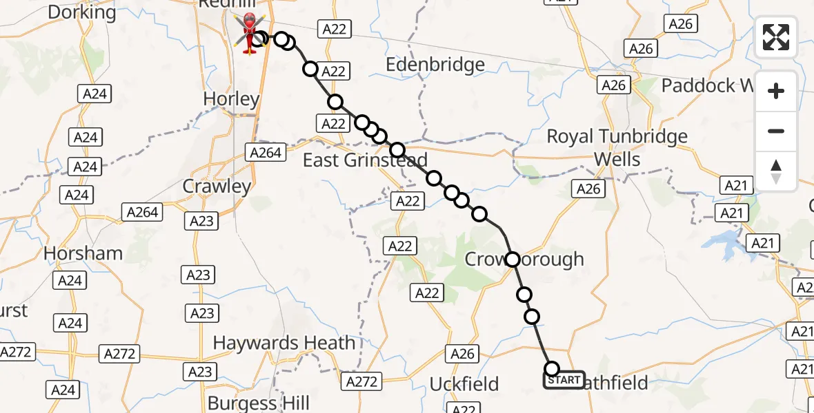 Flight route Air Ambulance Helicopter Roser's Cross - Redhill Aerodrome, 05 September 2026, 20:11