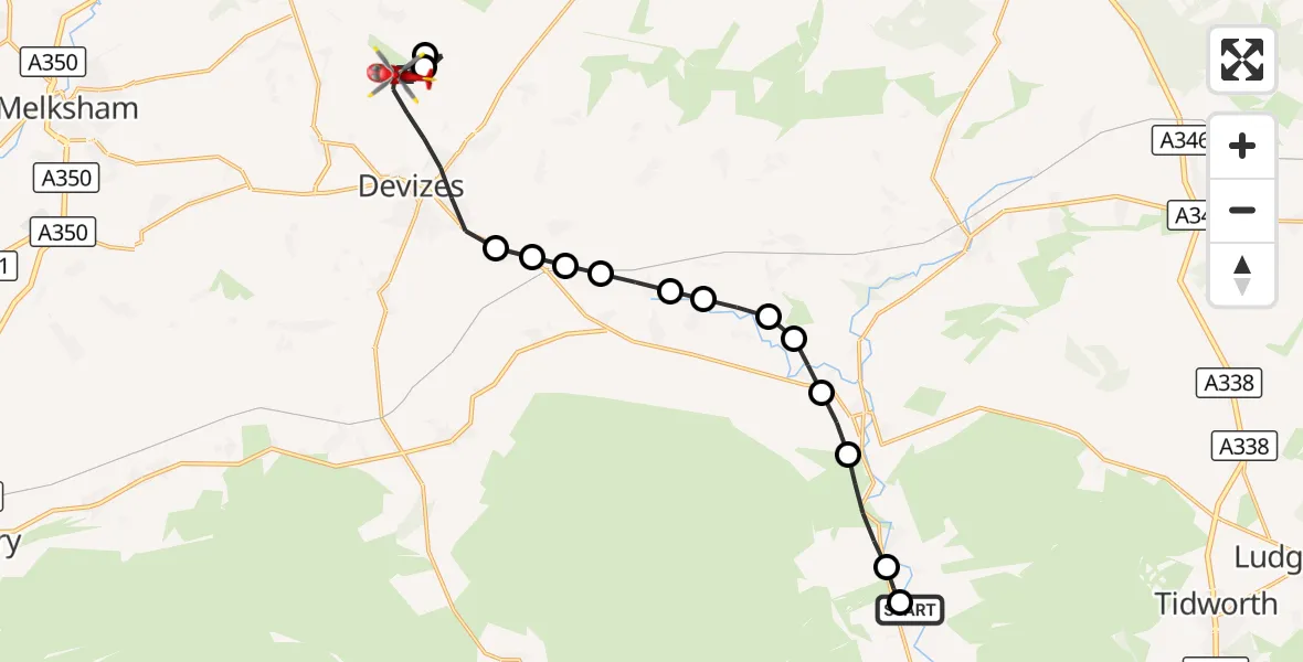 Flight route Air Ambulance Helicopter Haxton - Devizes, 05 September 2026, 20:17