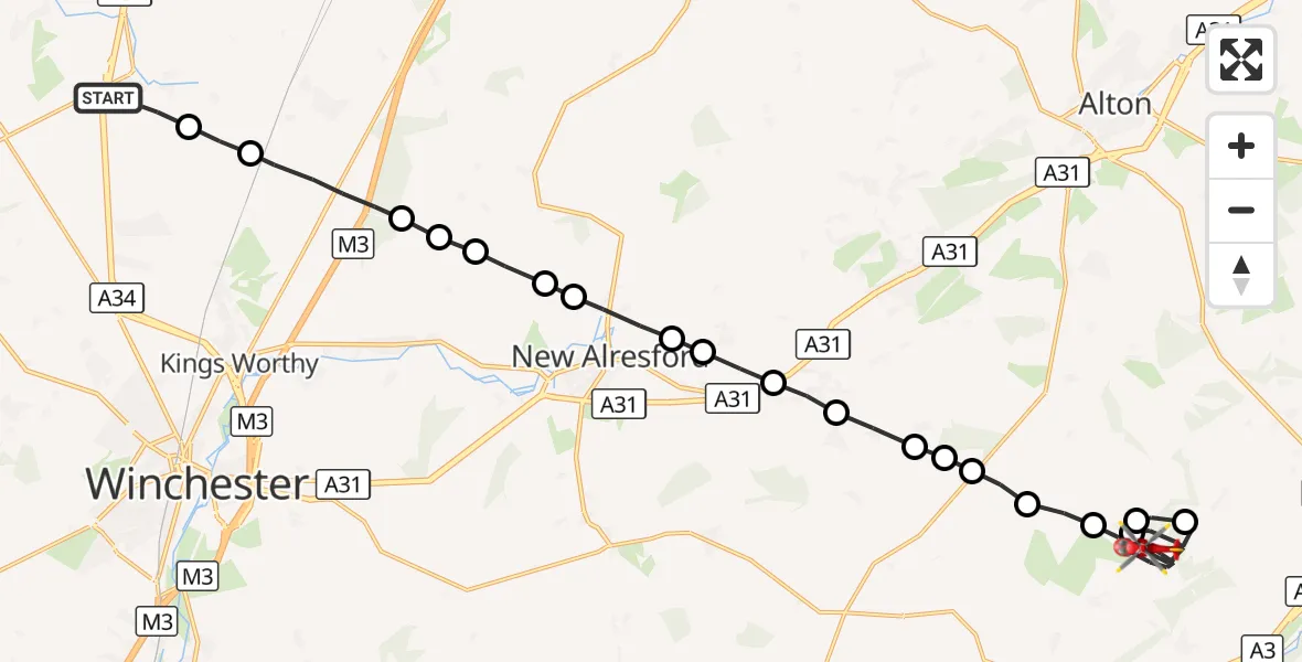 Flight route Air Ambulance Helicopter Sutton Scotney - Hawkley, 05 September 2026, 20:19