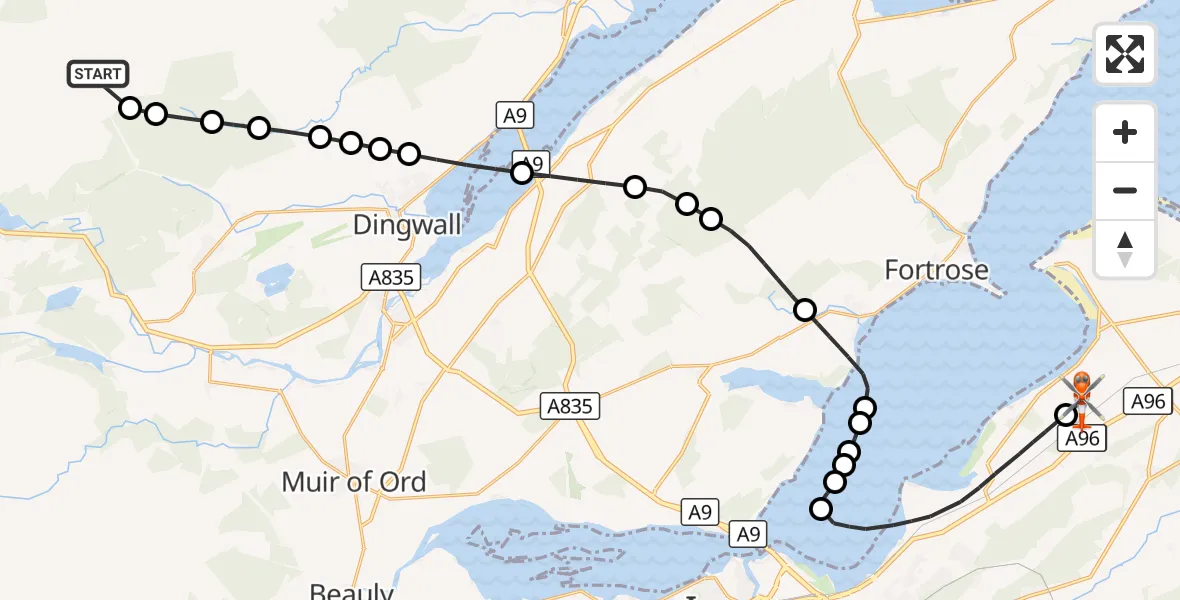 Flight route Coastguard Helicopter Highland - Inverness Airport, 05 September 2026, 20:26