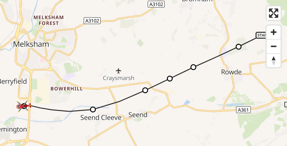 Flight route Air Ambulance Helicopter Heddington - Wiltshire Air Ambulance, 05 September 2026, 20:28