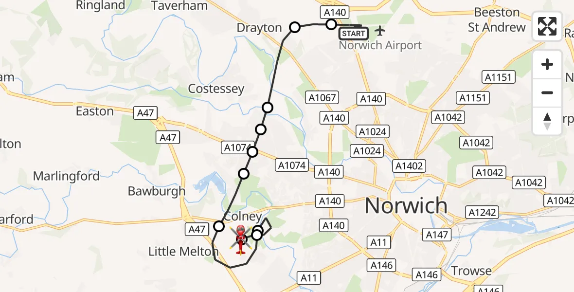 Flight route Air Ambulance Helicopter Norwich Airport - Norfolk & Norwich Hospital, 05 September 2026, 20:29