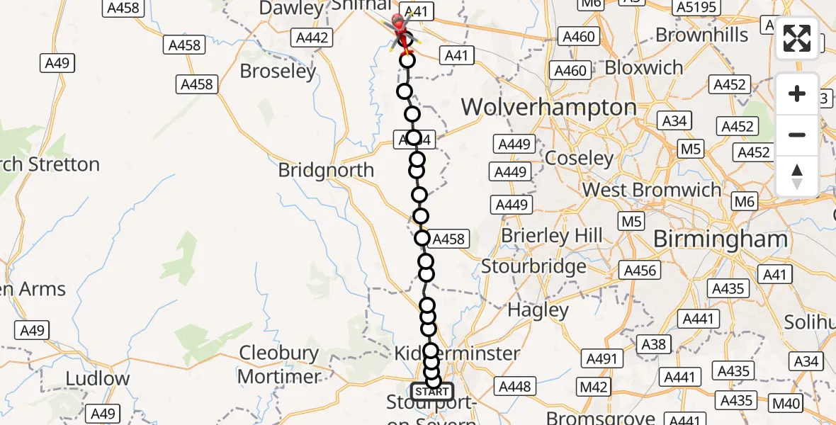 Flight route Air Ambulance Helicopter Stourport-on-Severn - RAF Cosford, 05 September 2026, 20:33