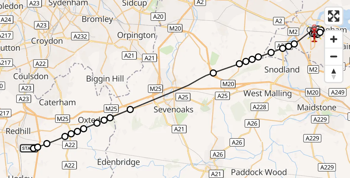 Flight route Air Ambulance Helicopter Redhill Aerodrome - Rochester, 05 September 2026, 20:43