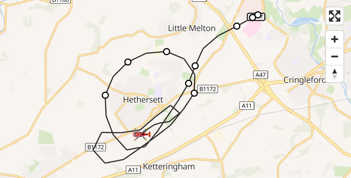 Flight route Air Ambulance Helicopter Norfolk & Norwich Hospital - Hethersett, 05 September 2026, 20:44