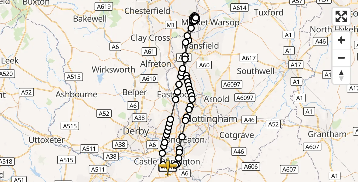 Flight route Police Aircraft East Midlands Airport - East Midlands Airport, 05 September 2026, 21:04