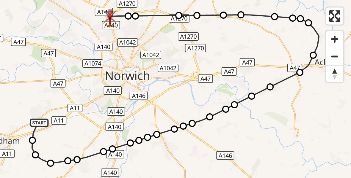 Flight route Air Ambulance Helicopter Hethersett - Norwich Airport, 05 September 2026, 21:04