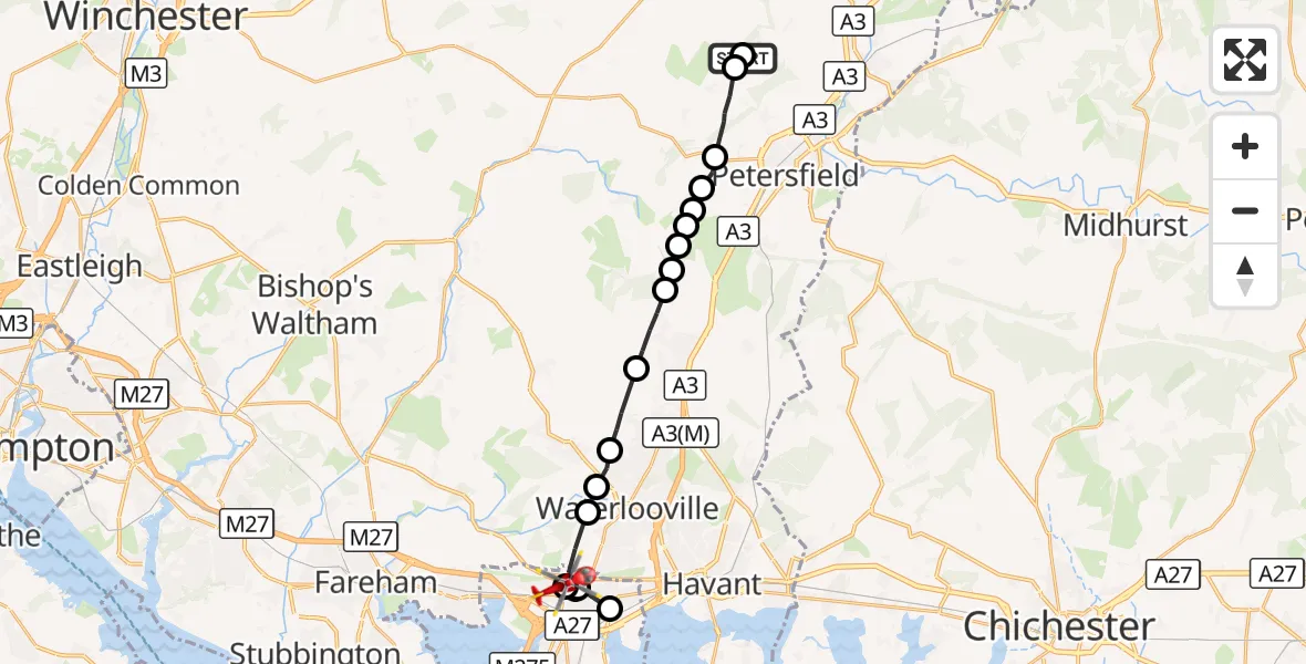 Flight route Air Ambulance Helicopter High Cross - Queen Alexandra Hospital, 05 September 2026, 21:08