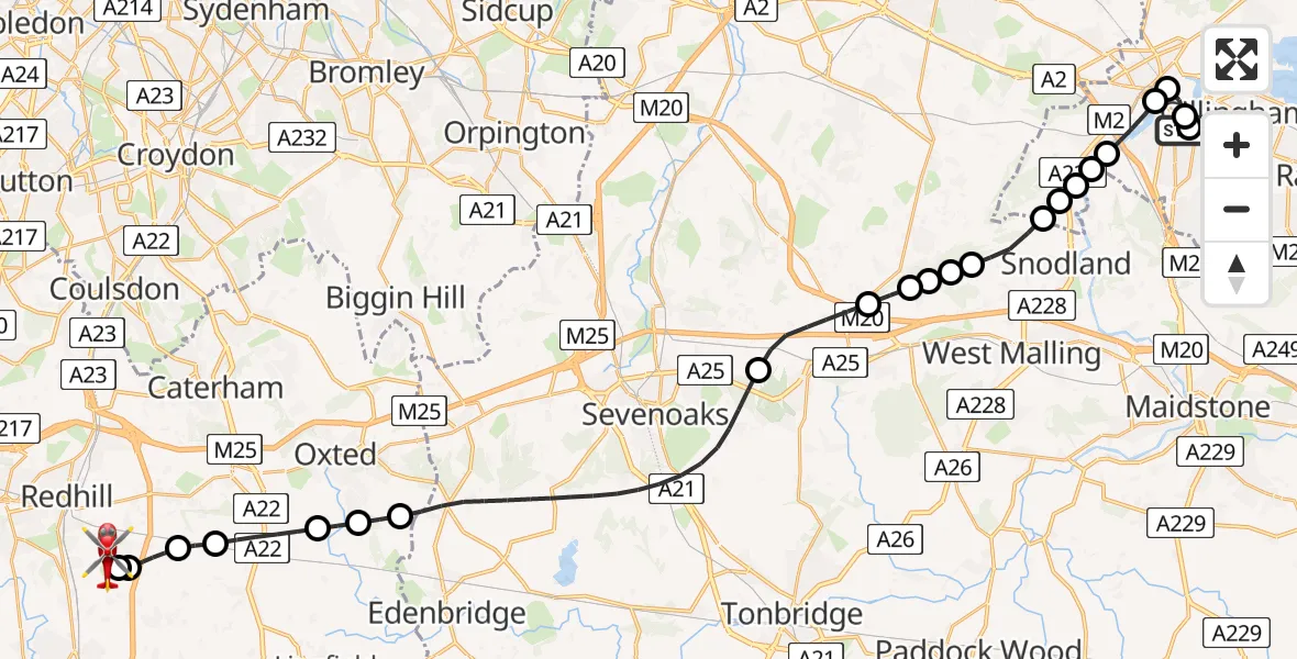 Flight route Air Ambulance Helicopter Chatham - Redhill Aerodrome, 05 September 2026, 21:12