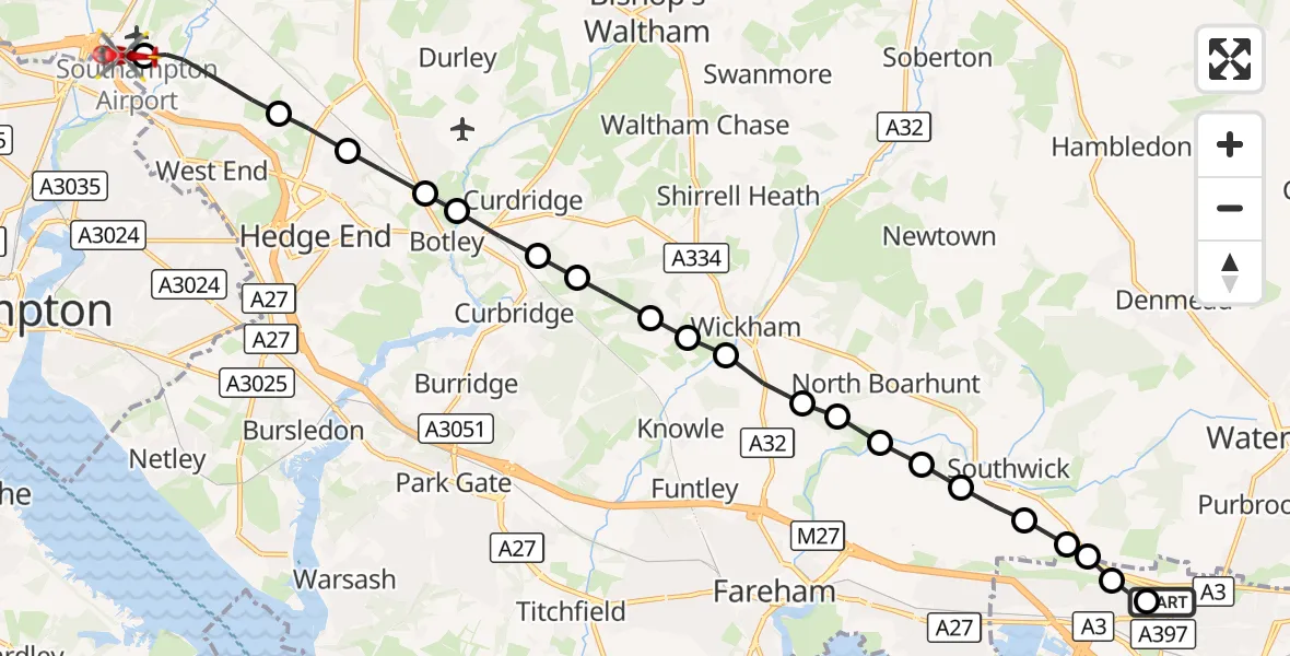 Flight route Air Ambulance Helicopter Queen Alexandra Hospital - Southampton Airport, 05 September 2026, 21:44