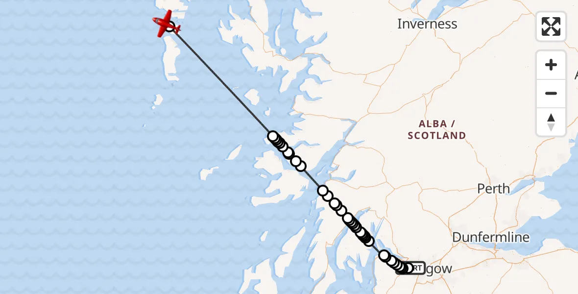 Flight route Air Ambulance Aircraft Glasgow Airport - North Atlantic Ocean, 05 September 2026, 21:58