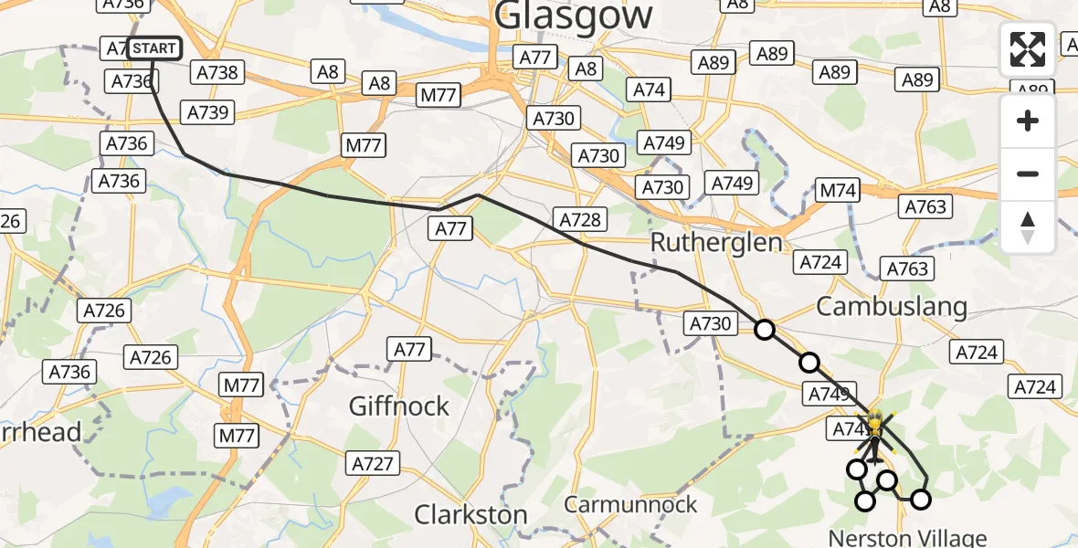 Flight route Police Helicopter Glasgow - Cambuslang, 05 September 2026, 22:56