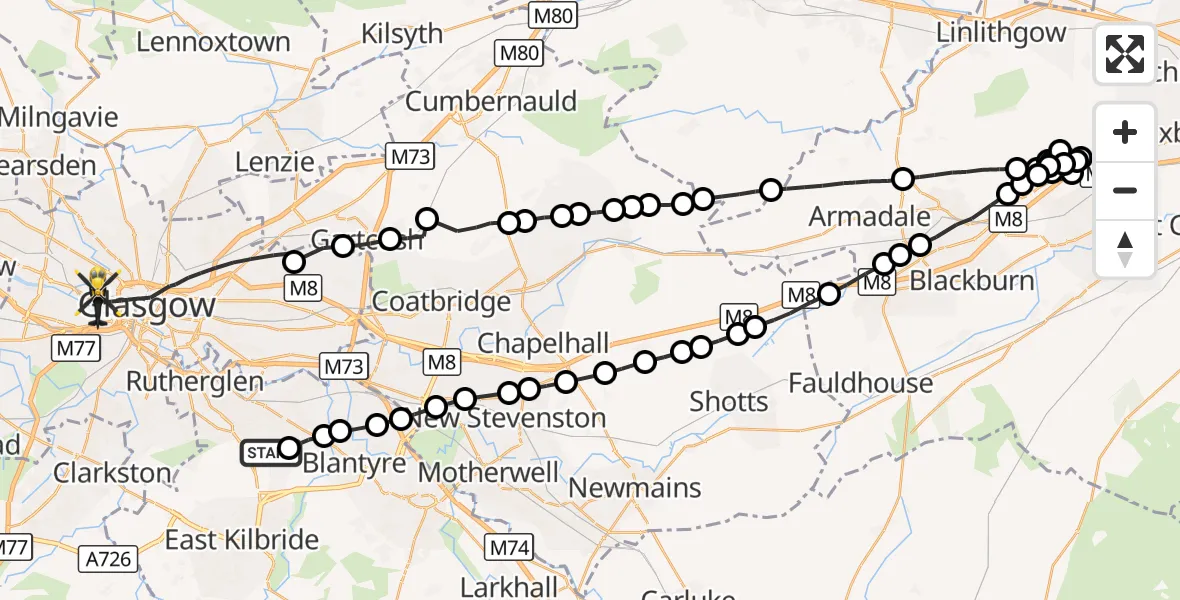 Flight route Police Helicopter Nerston Village - Glasgow, 05 September 2026, 23:05