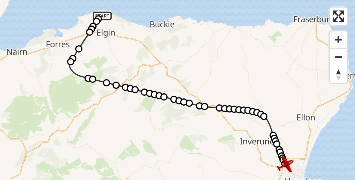 Flight route Air Ambulance Aircraft RAF Lossiemouth - Aberdeen International Airport, 06 September 2026, 00:38