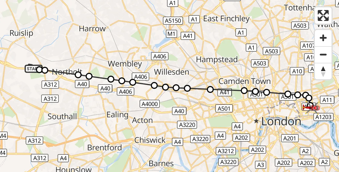 Flight route Air Ambulance Helicopter RAF Northolt - Royal London Hospital, 06 September 2026, 06:47