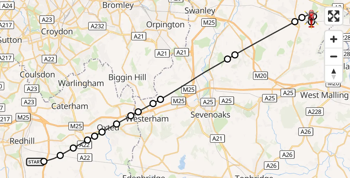 Flight route Air Ambulance Helicopter Redhill Aerodrome - Sole Street, 06 September 2026, 06:58