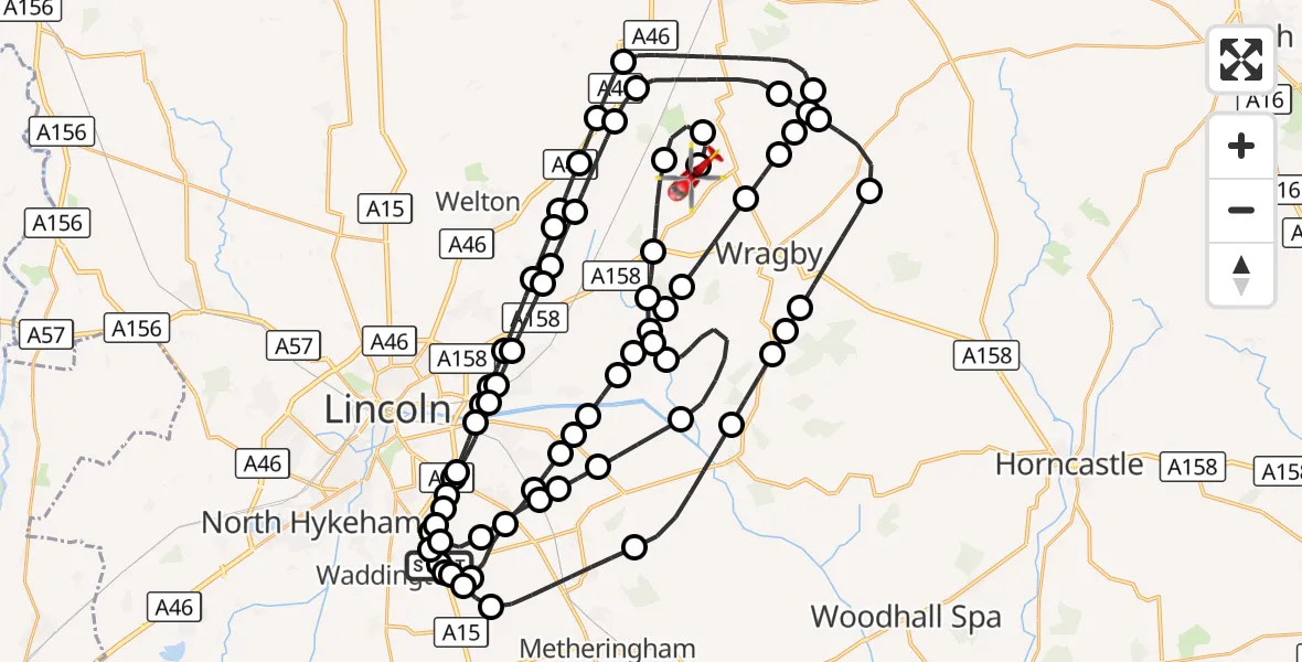 Flight route Air Ambulance Helicopter RAF Waddington - Wickenby Aerodrome, 06 September 2026, 07:03