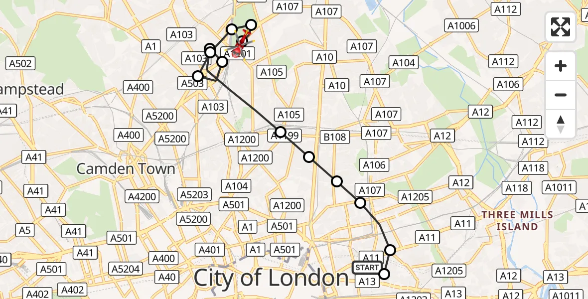 Flight route Air Ambulance Helicopter Royal London Hospital - Finsbury Park, 06 September 2026, 07:07