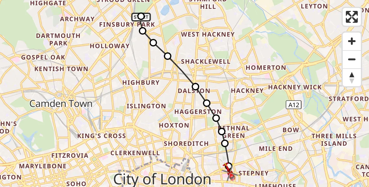 Flight route Air Ambulance Helicopter Stoke Newington - Royal London Hospital, 06 September 2026, 07:35