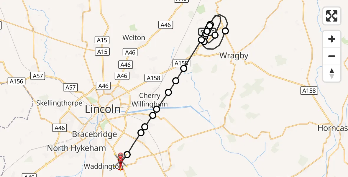 Flight route Air Ambulance Helicopter Wickenby Aerodrome - North Kesteven, 06 September 2026, 07:49